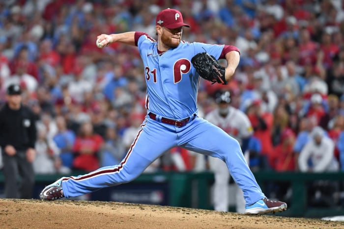Philadelphia Phillies relief pitcher Craig Kimbrel throws against the Atlanta Braves